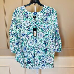 Jones New York NWT 3X Linen Blend Top Blouse Blue Green Medallion Tunic $79